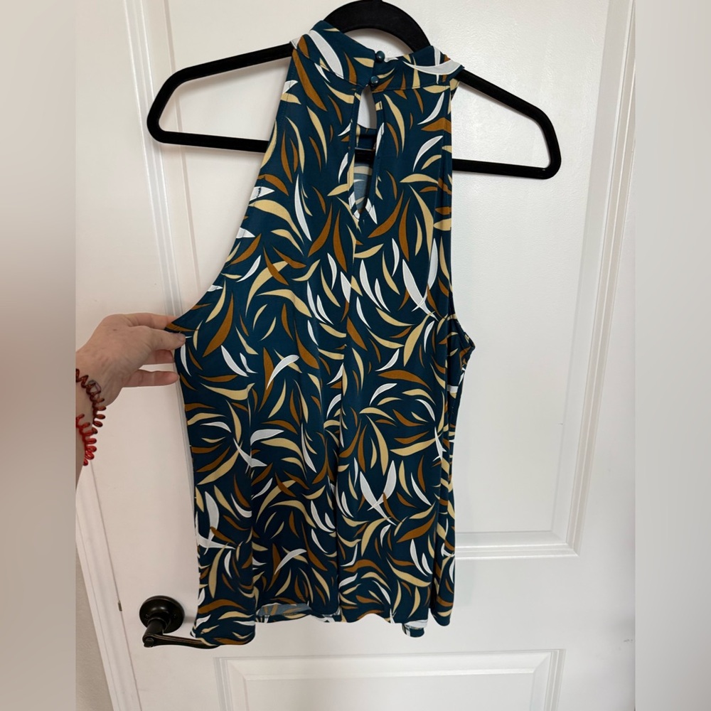 Elegant Women's Halter Top - Teal and Gold Leaf Design